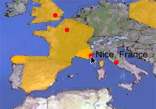 Quelques a�roports plac�s sur la carte, repr�sent�s par des points rouges